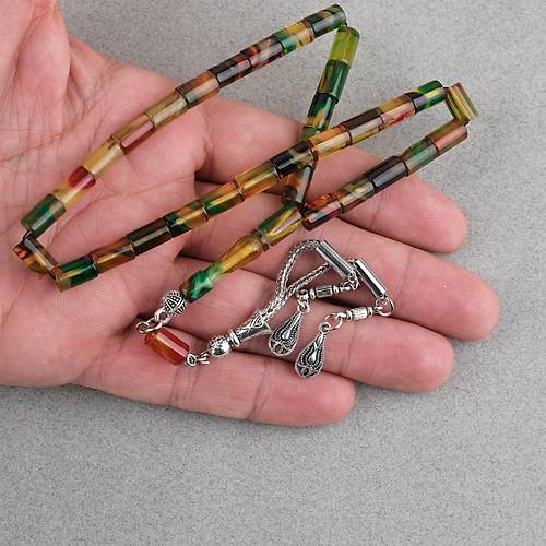 S�kma Kehribar Kesme Kesim Alpaka P�sk�ll� 6x10mm Tesbih Sar� Ye�il