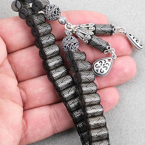 Abanoz Aac 925Ayar Gm akm ve Gm Pskl 28li Zaza Kapsl Kesim 6.5x11mm Tesbih