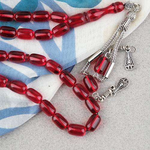 S�kma Kehribar Kaps�l Kesim Alpaka P�sk�ll� 7x11mm Tesbih K�rm�z�