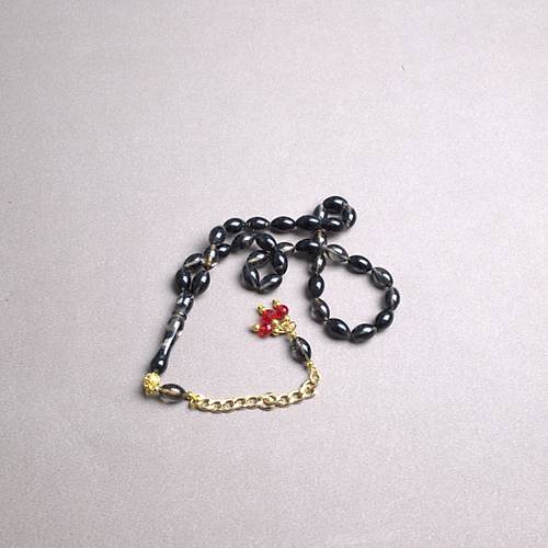 S�kma Kehribar Beyzi Kesim Alt�n Renk P�sk�ll� 7x11mm Tesbih Siyah Gri