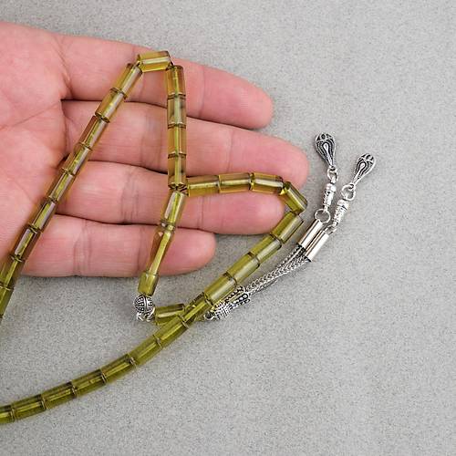 Ate� Kehribar Kesme Kesim Alpaka P�sk�ll� 6x10mm Tesbih