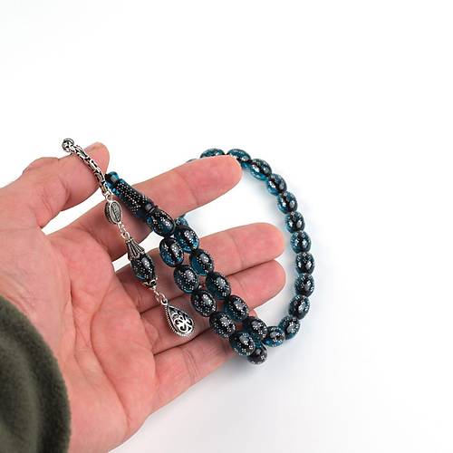 Ate Kehribar 925Ayar Gm akm ve Pskl Beyzi Kesim 9x11mm Tesbih