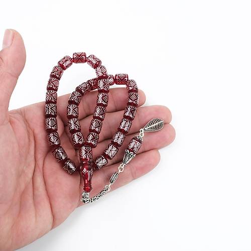 Ate Kehribar 925Ayar Gm akm ve Gm Pskl Kapsl Kesim 8x10mm Tesbih - Krmz