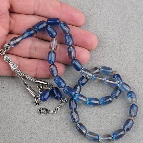 S�kma Kehribar Kaps�l Kesim Alpaka P�sk�ll� 7x11mm Tesbih A��k Mavi