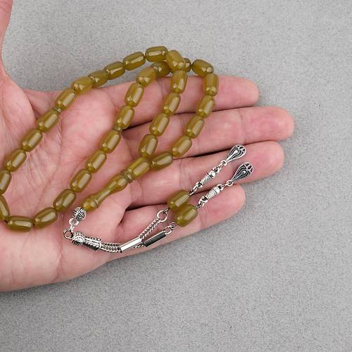 S�kma Kehribar Kaps�l Kesim Alpaka P�sk�ll� 7x11mm Tesbih Ya� Ye�ili