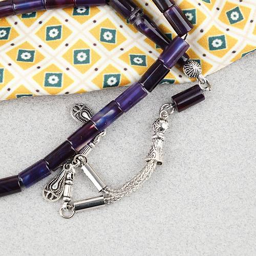 S�kma Kehribar Kesme Kesim Alpaka P�sk�ll� 6x10mm Tesbih Mor