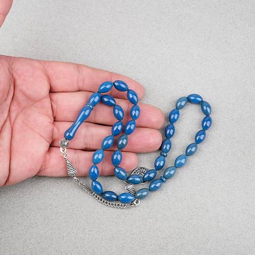 S�kma Kehribar Alpaka P�sk�ll� Beyzi Kesim 7x11mm Tesbih- Petrol Mavisi