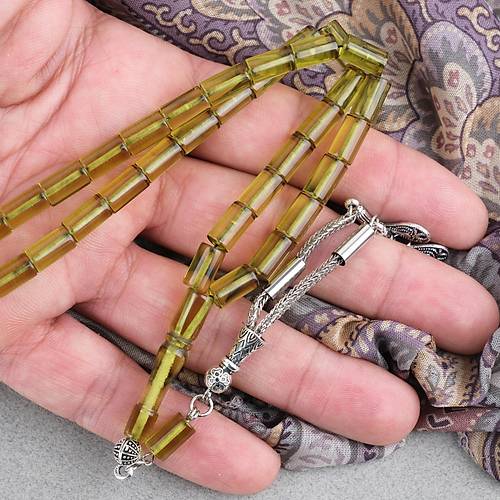 Ate� Kehribar Kesme Kesim Alpaka P�sk�ll� 6x10mm Tesbih