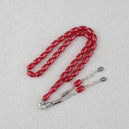 S�kma Kehribar Kaps�l Kesim Alpaka P�sk�ll� 7x11mm Tesbih K�rm�z�