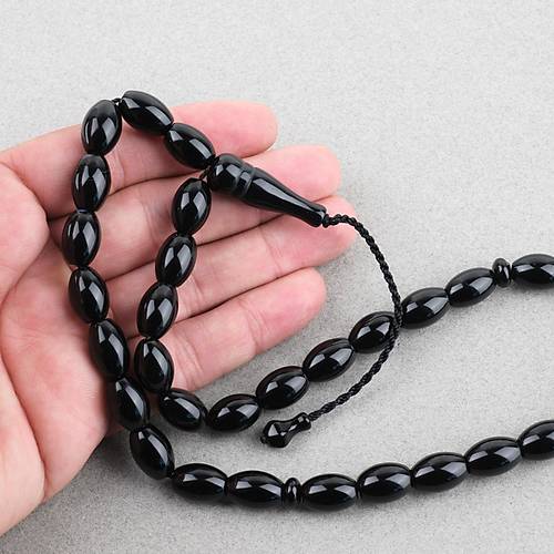 Akik Ta�� Habbe ve �mame Dahil Akik Yumurta kesim 9.5x14mm Tesbih - siyah