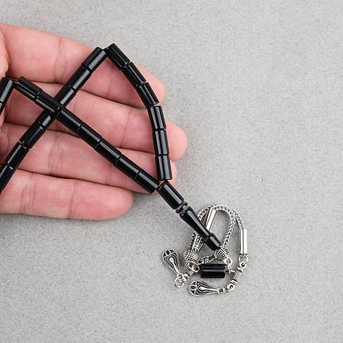 S�kma Kehribar Kesme Kesim Alpaka P�sk�ll� 6x10mm Tesbih Siyah
