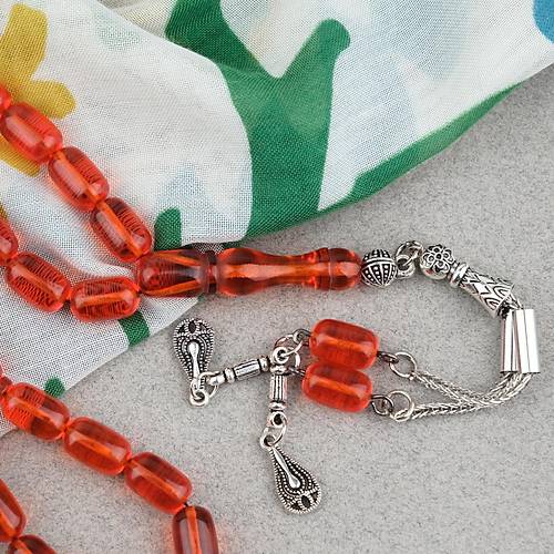 Ate� Kehribar Kaps�l Kesim Alpaka P�sk�ll� 7x11mm Tesbih �effaf K�rm�z�