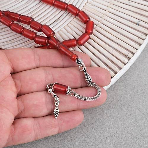Ate� Kehribar Alpaka P�sk�ll� Kaps�l Kesim 7x12mm Tesbih - �effaf Bordo