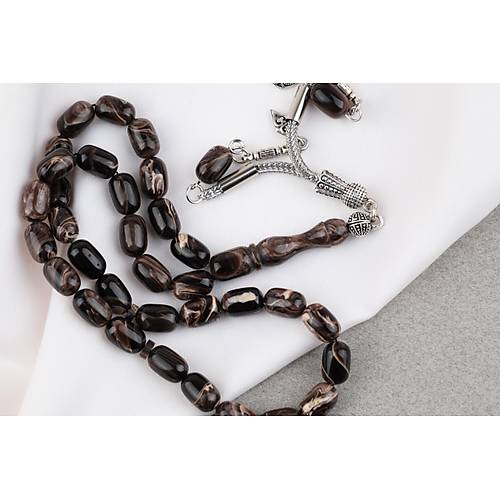 S�kma Kehribar Kaps�l Kesim Alpaka P�sk�ll� 7x11mm Tesbih Kahverengi