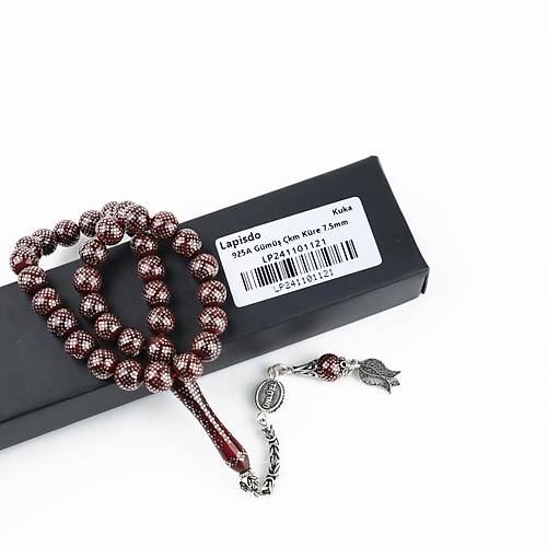 Ate Kehribar 925Ayar Gm akm ve Gm Pskl Bilek Boy Kre Kesim 7.5mm Tesbih -Krmz