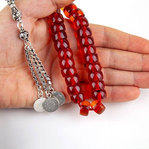 Osmanl Ate Kehribar 1900'ler Dnem i 925 Ayar Gm Pskl F Kesim 14x8mm Tesbih