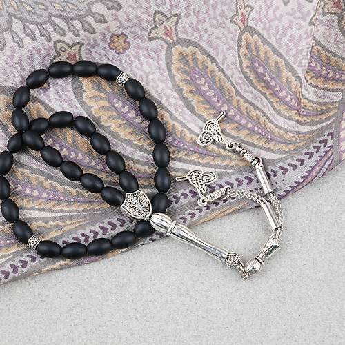 Oniks Ta�� Beyzi Kesim 6.5x9mm Tesbih Alpaka P�sk�ll� Mat Siyah