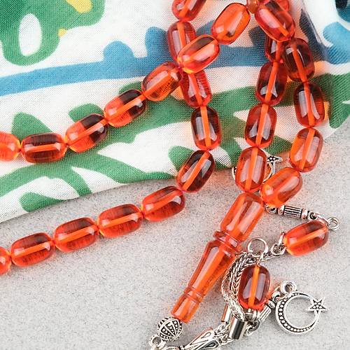 Ate� Kehribar Kaps�l Kesim Alpaka P�sk�ll� 7x11mm Tesbih