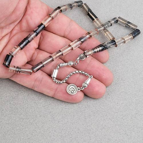 Ate� Kehribar Alpaka P�sk�ll� Kesme Kesim 6x10mm Tesbih - Gri