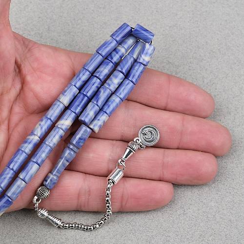 S�kma Kehribar Alpaka P�sk�ll� Kesme Kesim 6x10mm Tesbih - Krem - Mavi