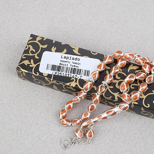 G�m�� Kaplama Kafesli Mine Beyzi 7x9mm Tesbih -Turuncu