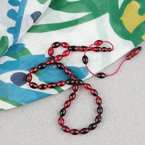 S�kma Kehribar Beyzi Kesim Sistemli Bilek Boy 5x8mm Tesbih K�rm�z� Siyah