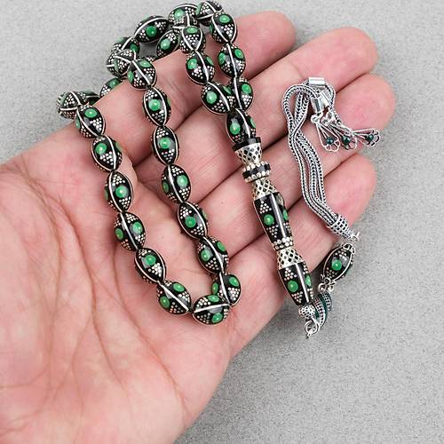 Erzurum Oltu 925Ayar Gm Katalin lemeli Nakka mame Beyzi Kesim 8x11mm Tesbih - Yeil