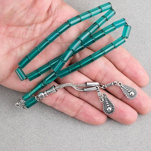 S�kma Kehribar Kesme Kesim Alpaka P�sk�ll� 6x10mm Tesbih A��k Ye�il