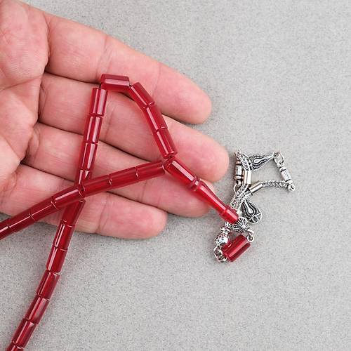 S�kma Kehribar Kesme Kesim Alpaka P�sk�ll� 6x10mm Tesbih K�rm�z�