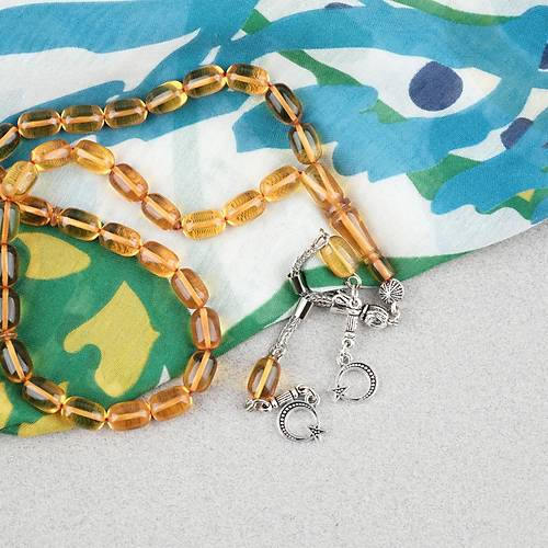 Ate� Kehribar Kaps�l Kesim Alpaka P�sk�ll� 7x11mm Tesbih