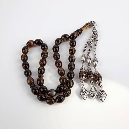 Balt�k Kaya 925Ayar G�m�� P�sk�l Damla Beyzi Kesim 10x13mm Tesbih (51gr)