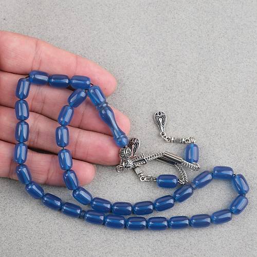 S�kma Kehribar Kaps�l Kesim Alpaka P�sk�ll� 7x11mm Tesbih Mavi
