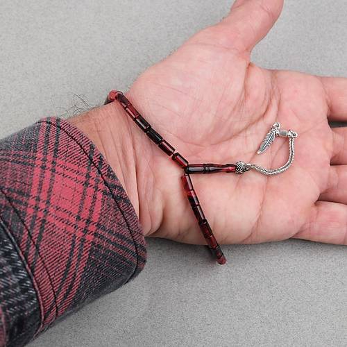 Ate� Kehribar Alpaka P�sk�ll� Kesme Kesim 4x7mm Tesbih- Siyah- Bordo