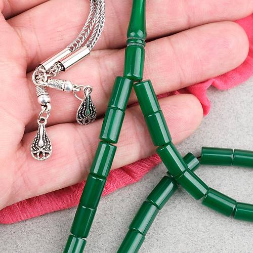 S�kma Kehribar Kesme Kesim Alpaka P�sk�ll� 6x10mm Tesbih- Ye�il