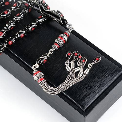 Erzurum Oltu 925Ayar Gm Pskl Mercan ve Gzya lemeli Kapsl Kesim 6x11mm Tesbih - Yusuf Akansel Usta El ii