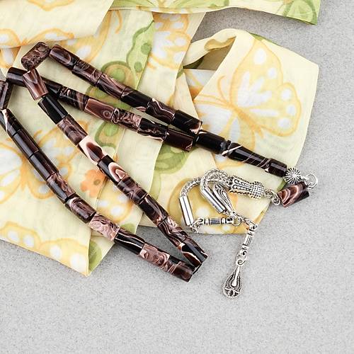 S�kma Kehribar Kesme Kesim Alpaka P�sk�ll� 6x10mm Tesbih Krem Kahverengi