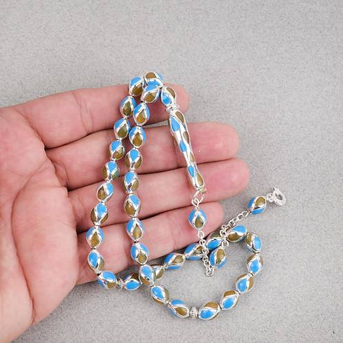 G�m�� Kaplama Kafesli Mine Beyzi 7x9mm Tesbih -Mavi Sar�