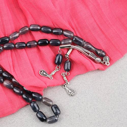 S�kma Kehribar Kaps�l Kesim Alpaka P�sk�ll� 7x11mm Tesbih Gri