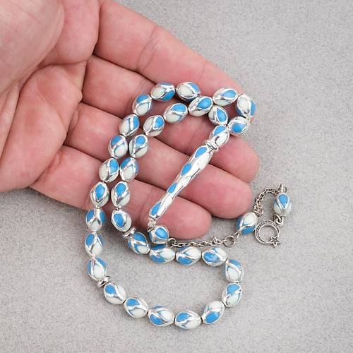 G�m�� Kaplama Kafesli Mine Beyzi 7x9mm Tesbih - Mavi Beyaz