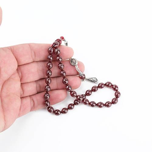 Ate Kehribar 925Ayar Gm akm ve Gm Pskl Bilek Boy Kre Kesim 7x8mm Tesbih -Krmz