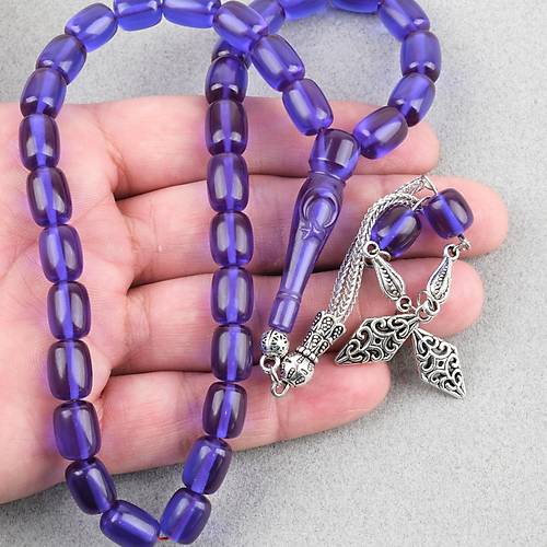 Ate� Kehribar Ayy�ld�z ��lemeli �mame Kaps�l Kesim 9x11mm Tesbih -Parlament Mavi