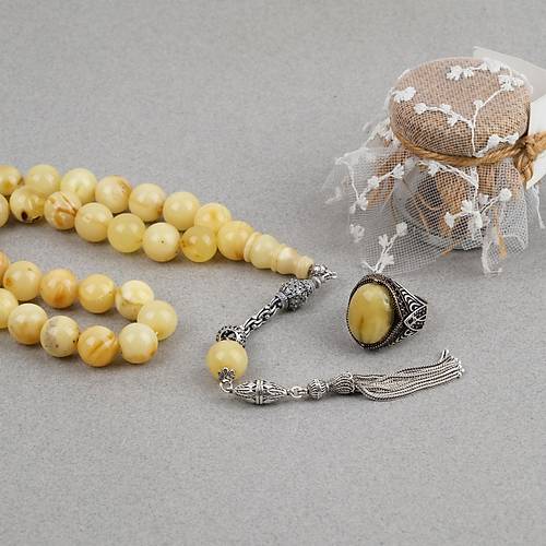 Kaya Damla Kehribar  925 Ayar G�m�� P�sk�l K�re Kesim 13mm Tesbih ve G�m�� Kehribar Y�z�k Seti