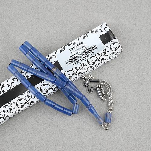S�kma Kehribar Kesme Kesim Alpaka P�sk�ll� 6x10mm Tesbih Mavi