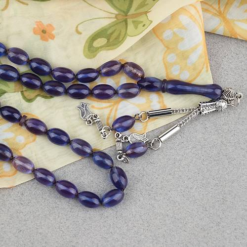 S�kma Kehribar Beyzi Kesim Alpaka P�sk�ll� 7x11mm Tesbih Mavi
