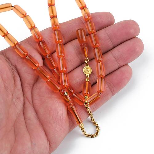 Zar Kebribar (Blok) 925Ayar Gm Pskl Kapsl Kesim 6x12mm Tesbih - Turuncu