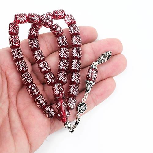 Ate Kehribar 925Ayar Gm akm ve Gm Pskl Kapsl Kesim 8x10mm Tesbih - Krmz