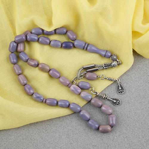 S�kma Kehribar Kaps�l Kesim Alpaka P�sk�ll� 7x11mm Tesbih Lila