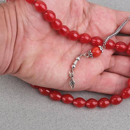 S�kma Kehribar Alpaka P�sk�ll� Beyzi Kesim 9x11mm Tesbih - K�rm�z�