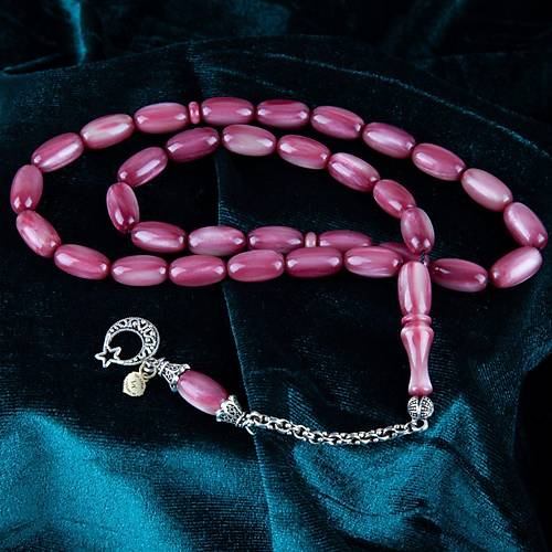 Sedefli Sikma Kehribar Alpaka Pskl Arpa Kesim 8x15mm Tesbih - Bordo