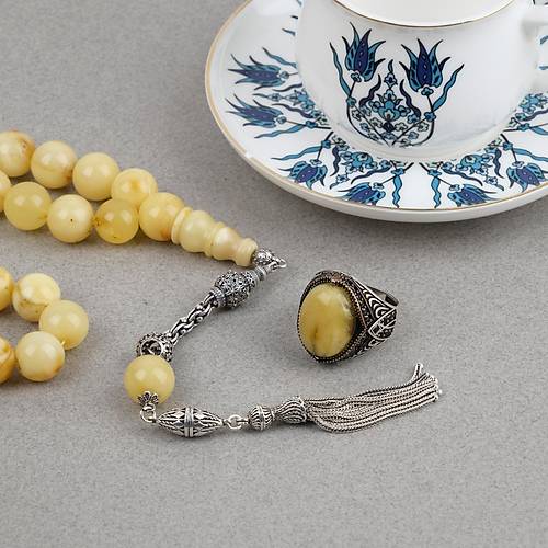 Kaya Damla Kehribar  925 Ayar G�m�� P�sk�l K�re Kesim 13mm Tesbih ve G�m�� Kehribar Y�z�k Seti